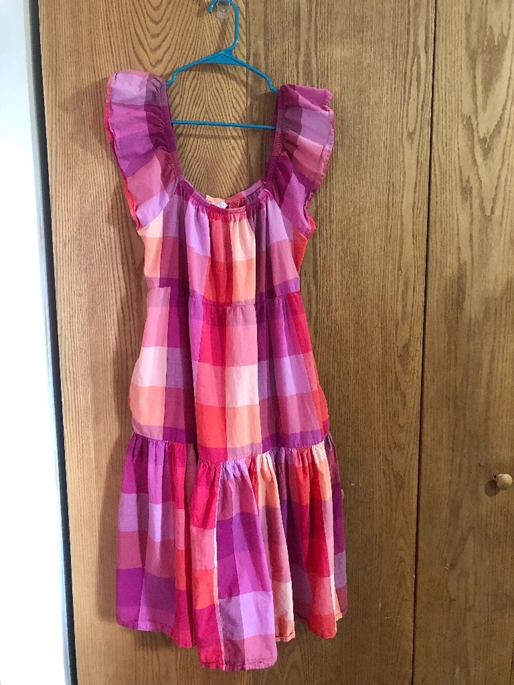 Time and Tru Women's Medium Pink Gingham Plaid Tiered Midi Dress Ruffle Sleeve